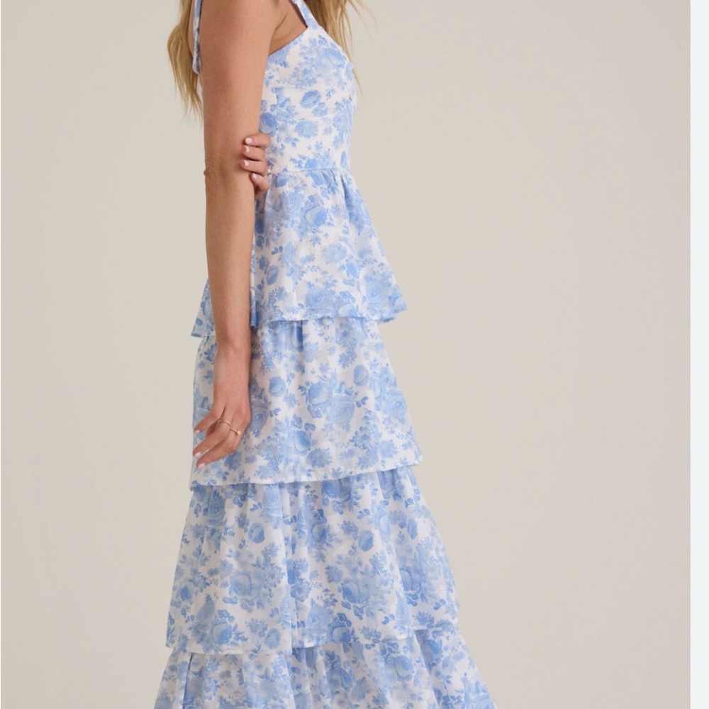 Altar'd State Blue and White Floral Tiered Maxi Dress with Tie Straps - Picture 2 of 14